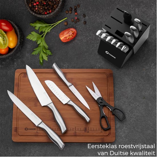 COOCK - Messerset mit Block und klappbarem Schneidebrett - Küchenmesser mit Schere und Wetzstahl (Messerschärfer) - 17-teiliges Küchenutensilien-Set im Messerblock - mit kratzfester Beschichtung - komplett aus Edelstahl