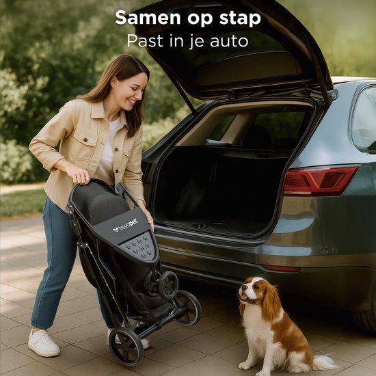 TrevoPet® Zusammenklappbarer Hundebuggy - für kleine und mittelgroße Hunde bis 15 kg - wasserabweisend mit Becherhalterung, Aufbewahrungskorb - Schwarz