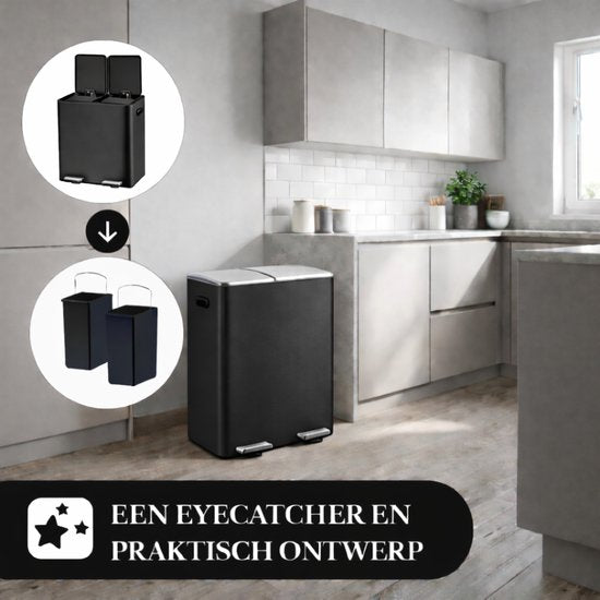 Bayt Mülleimer - Mülleimer 60 Liter (2x30) - Mülleimer 60 Liter - Treteimer 60 Liter - Mülleimer Mülltrennung - Mülleimer 2 Fächer - Mülleimer - Edelstahl - Schwarz/Silber