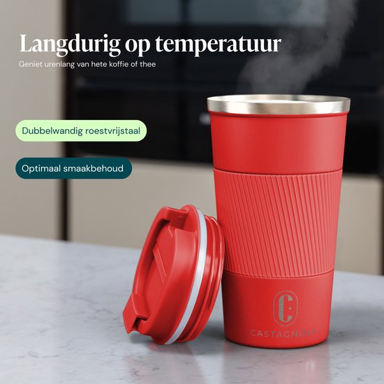 Castagnola Thermos Cup - Kaffeebecher To Go - Reisebecher für Kaffee und Tee - Teebecher - 510 ML - Edelstahl - Rot