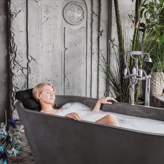 RelaxTub® Badekissen - Nackenkissen Bad - Badekissen für die Badewanne - 6 starke Saugnäpfe - Anti-Rutsch - Wasserdicht - Kopfstütze Bad - Für Kopf, Nacken und Schultern - Badekissen Schwarz