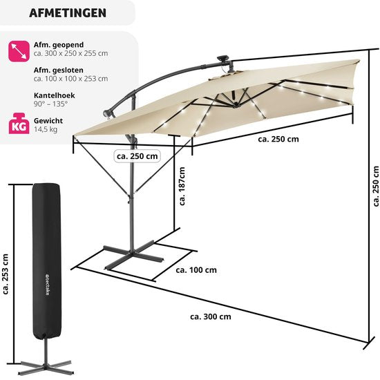 tectake - Sonnenschirm 250cm mit Solar Led Beleuchtung - Sonnenschirme - Schwebender Sonnenschirm - Solarenergie - Inkl. Solarpanel - Gartenbeleuchtung - beige