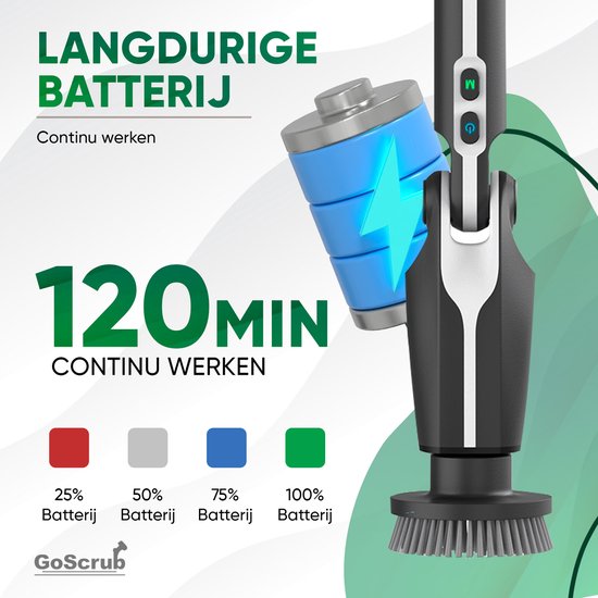 GoScrub® Elektrische Reinigungsbürste - Cleaning Hero V1 - Schwarz - Schrubber mit Griff - Polierer - Scheuerbürste - Für Bad und Küche - 8 Aufsätze