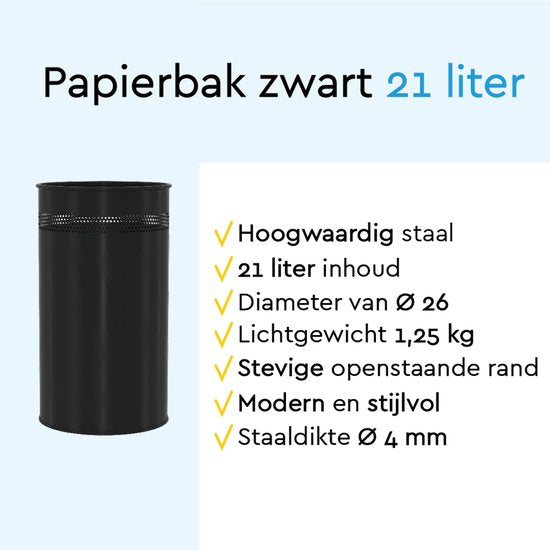 BRASQ Mülleimer für Büro/Haushalt - Rund - Schwarz 21 Liter - Ø 26 × H 46 cm - Metall