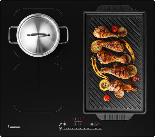 KitchenBrothers Induktionskochfeld - Einbau-Induktionskochfeld - 60 cm - 4 Zonen - 2x Flexzone - 1 und 2 Phasen - Bis zu 2400W - Schwarz