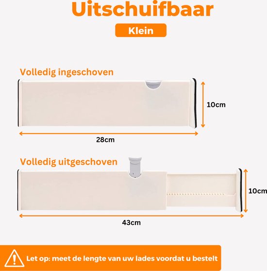 Posity Schubladenteiler - Verstellbar & ausziehbar - 4 Stück - Schubladenorganisation - 28-43,5 cm - Für Küche, Schlafzimmer & Kleidung - Kunststoff - Weiß