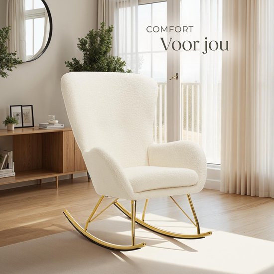 tectake® Swing Schaukelstuhl - gepolsterter Bouclé-Sessel mit Stahlgleitern und extra dickem Sitzkissen - skandinavisches Design, pflegeleicht und ergonomisch - creme/gold