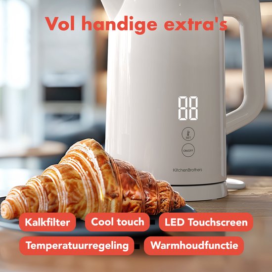 KitchenBrothers Wasserkocher - 1.7L - Mit Temperaturregelung - Elektrisch - Warmhaltefunktion - Display - Doppelwandig - Cool-touch - 2200W - Beige