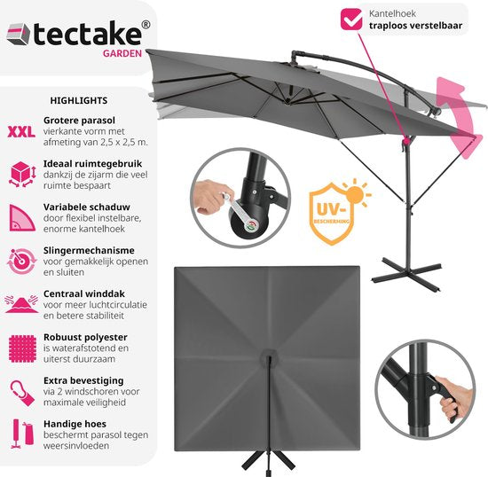 tectake - Sonnenschirm Apollon quadratisch 250 x 250 cm - Inkl. Windschutz und Schutzhülle - grau
