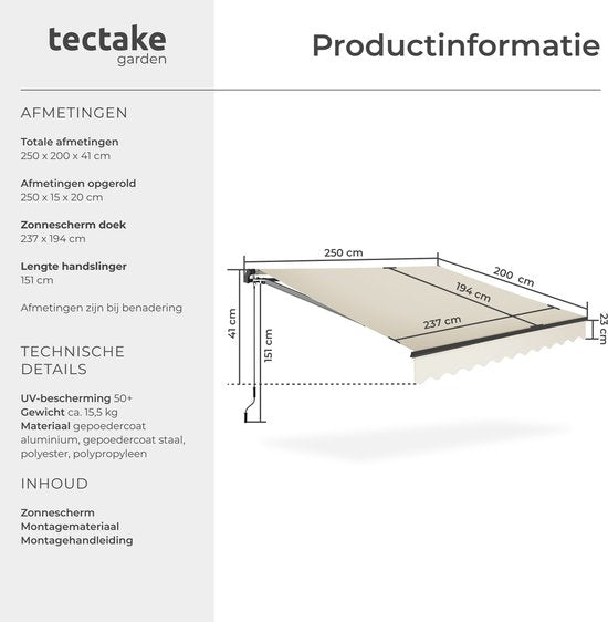 tectake® Sonnenschirm mit Gelenkarm - 250 x 200 cm - Markise - Sonnenschutz für Fenster, Balkon, Außenbereich - Wandmontierbar - Wasser- und UV-beständig - Beige