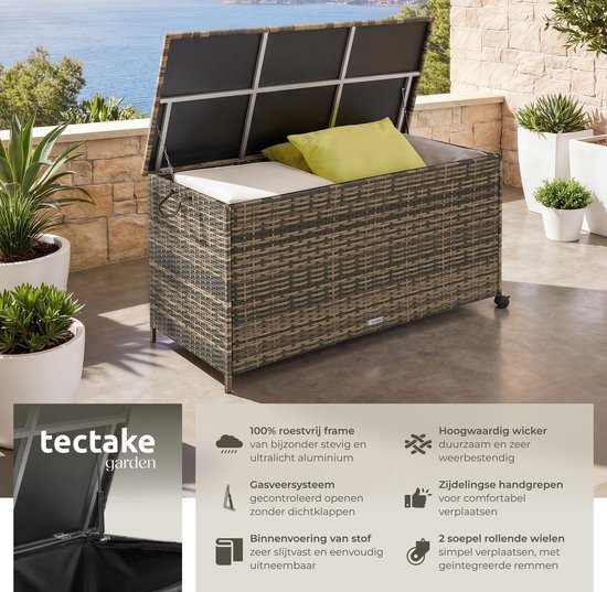tectake® Wicker Aufbewahrungsbox – 253 l – Kissenbox für den Außenbereich – Gartenbox – 116 x 54 x 64 cm - Wetterfest und mit Deckel verschließbar – Rollbar – Inklusive 2 Griffen, 2 Rädern mit Bremse und Gasfedern – Gartenkiste – Beige