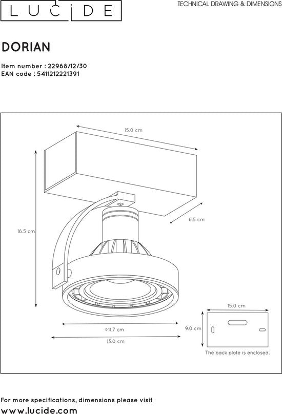 Lucide DORIAN - Deckenstrahler (Deckenleuchte) - Ø 11,7 cm - LED Dim to warm - GU10 (ES111) - 1x12W 2200K/3000K - Schwarz