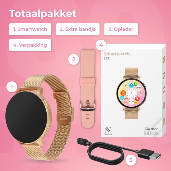 Nuvance Smartwatch Damen - Inkl. Edelstahl & Silikonband - Misst Sport & Schlaf & Körper - Pink Gold