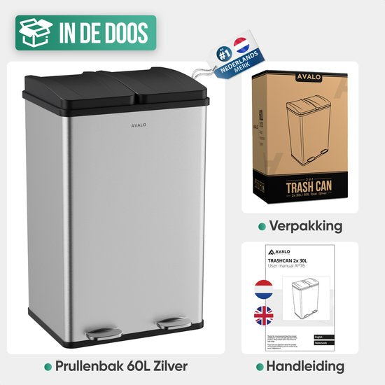 Avalo Mülleimer Abfalltrennung 60 Liter - Edelstahl Silber - 2 Fächer - Umweltbewusst, Hygienisch & Fingerabdruckfrei - Treteimer / Mülleimer
