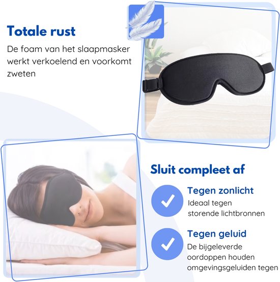 Hilvard - Schlafmaske - Augenmaske - Inklusive Schlaf-Ohrstöpsel - 100% Verdunkelung - Verstellbar - Ergonomisch - Schwarz