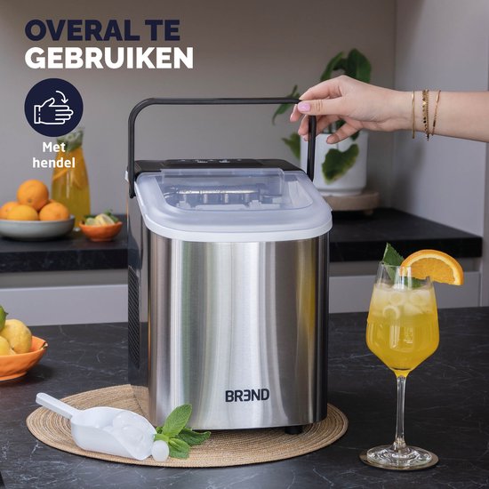 BREND BR-2213 Eiswürfelbereiter mit Schaufel und Tropfschale - Große L oder kleine S Eiswürfel - Tragbarer Eiswürfelbereiter - 10 kg in 24 Stunden - Silber