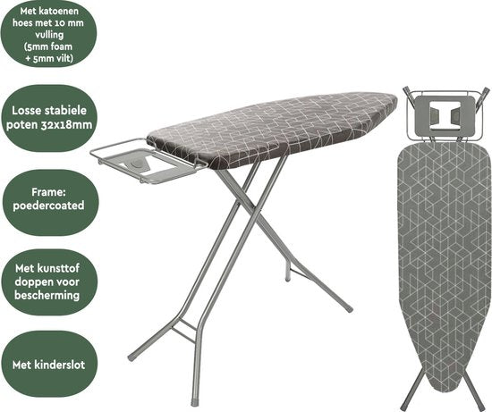 BRASQ Bügeltisch IB300 mit Bügeltischbezug und Halterung für Dampfgerät - 122x43 cm Bügelfläche - Höhenverstellbar - 7 Positionen - bis zu 100 cm