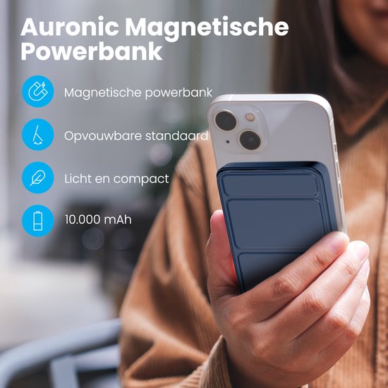 Auronic Powerbank - 10000 mAh - Geeignet für iPhone 12/13/14/15 und MagSafe - 22.5W - Kabelloses Laden - Blau