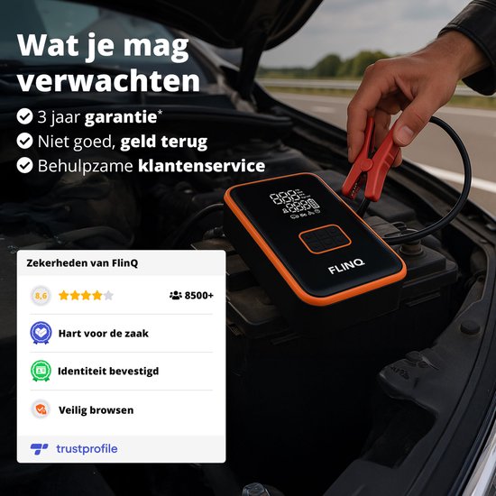 FlinQ 12V Starthilfe für Auto & Motorrad - 4-in-1 Luftkompressor, LED-Taschenlampe, SOS-Notleuchte & Powerbank - Elektrische Reifenpumpe - Starthilfe - inkl. Aufbewahrungstasche