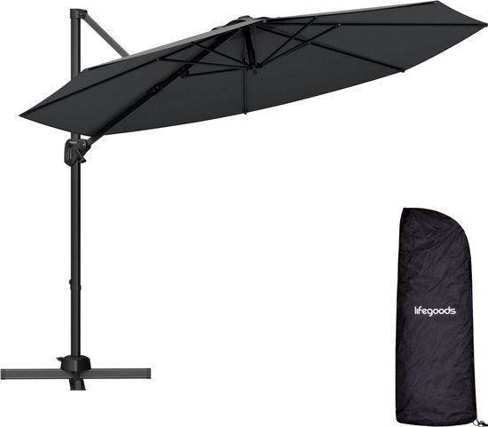 LifeGoods Schwebender Sonnenschirm - 6 Ständer - 360° drehbar - Rund Ø300 cm - Inklusive Schutzhülle - Anthrazit