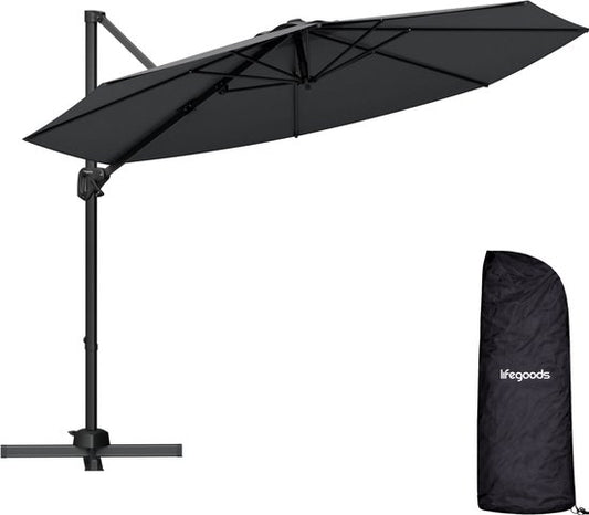 LifeGoods Schwebender Sonnenschirm - 6 Ständer - 360° drehbar - Rund Ø300 cm - Inklusive Schutzhülle - Anthrazit
