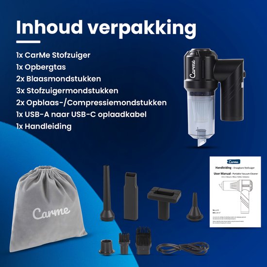 CarMe 2-in-1 Autostaubsauger - Saugen & Blasen - Dustbuster - 7 Aufsätze - Wiederaufladbar - Airduster - Schwarz