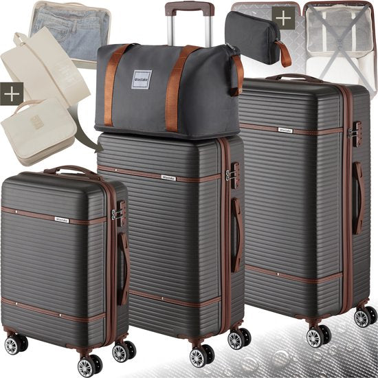 tectake® Kofferset - 13-teiliges Reiseset - Koffer - Kofferset - Reisegepäck-Set Inklusive Handgepäckkoffer, Geräumiger Reisekoffer groß, Reisetasche, Kulturbeutel, Zubehörtasche - Trolley mit TSA-Schloss - Anthrazit