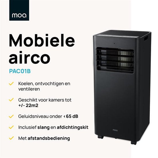 MOA - Klimaanlage - 7.000 BTU - mit Fernbedienung - Energieklasse A - bis zu 60 m³ Kühlleistung - Ventilator und Entfeuchter - Schwarz