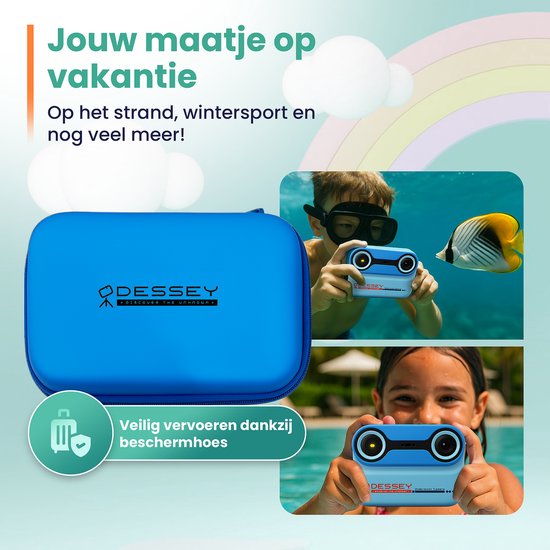 ODESSEY Wasserdichte Kinderkamera - mit Stativ - Full HD - Selfie Kamera - 32GB SD Karte - Foto - Video - Spiele - Digitalkamera Kinder - Fotokamera für Kinder - Blau