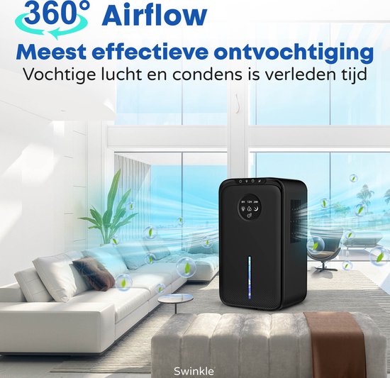 Swinkle® Luftentfeuchter und Luftreiniger - Bis zu 1L pro Tag - Geeignet für Wohnzimmer, Schlafzimmer, Badezimmer - Mit LED Bildschirm - Schwarz