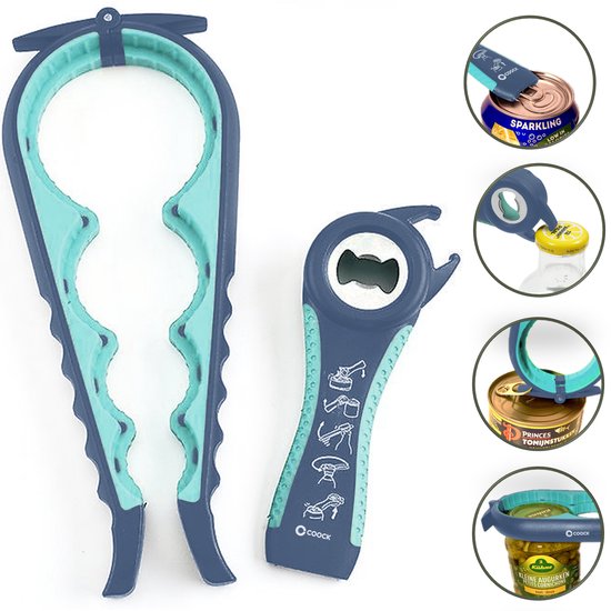 COOCK - Allzwecköffner - 7-in-1 Topföffner - Küchenhelfer - Flaschenöffner - Bieröffner - XL-Deckelöffner für Gläser - Glasöffner - Hilfsmittel für ältere Menschen - Blau