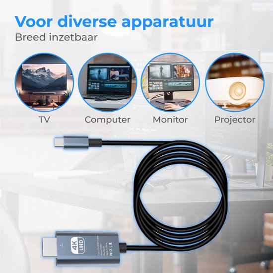 Nuvance - USB C zu HDMI Kabel - 2 Meter - 4K Ultra HD - Geeignet für Telefon, Tablet, Laptop, PC, Beamer & Monitor