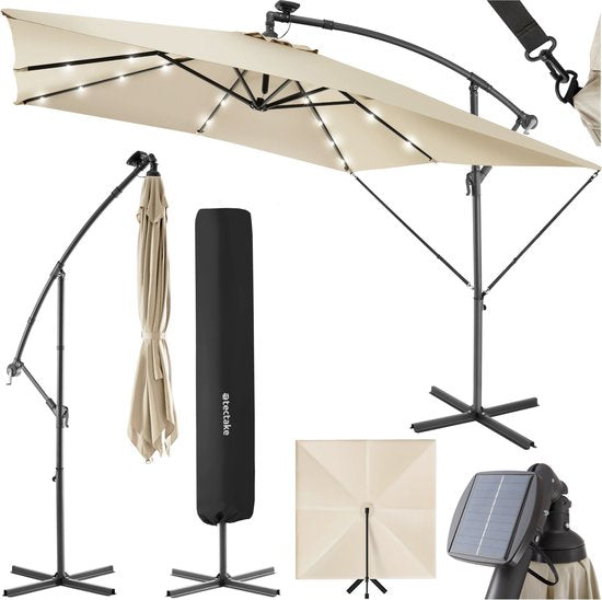 tectake - Sonnenschirm 250cm mit Solar Led Beleuchtung - Sonnenschirme - Schwebender Sonnenschirm - Solarenergie - Inkl. Solarpanel - Gartenbeleuchtung - beige