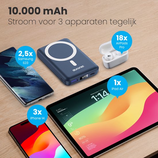 Auronic Powerbank - 10000 mAh - Geeignet für iPhone 12/13/14/15 und MagSafe - 22.5W - Kabelloses Laden - Blau