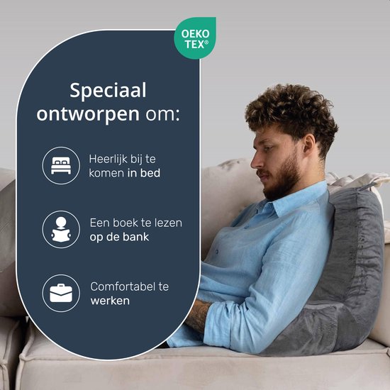 Lesekissen - Fürs Bett - Mit 3 Taschen - Rückenkissen Sofa - Sitzkissen - Lendenwirbel - Rückenkissen unterer Rücken - Lesen - Kissen - Stütze - Bücher - Buch - Sitz - Grau