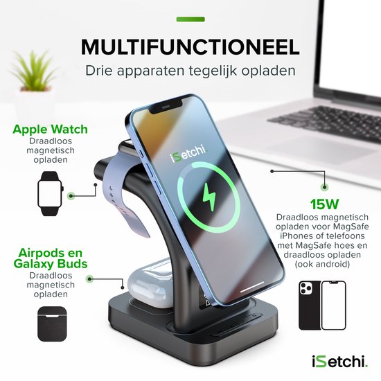 iSetchi MagSafe 5-in-1 Wireless Charger (15W USB-C Schnellladegerät) - Mit LED-Lampe, Digitaluhr & Weckfunktion - Geeignet für iPhone, Apple iWatch & Airpods - Wireless Qi Station - GSM Ladegerät