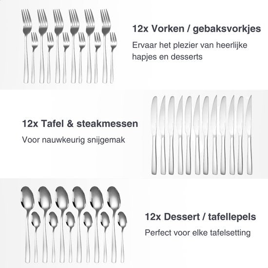 Deleca - 12 Personen Besteckset Essential (72 Teile) - Löffel, Messer, Gabeln, Steakmesser & Kuchengabeln - Spülmaschinenfestes Besteck - Glänzend Silber / Edelstahl