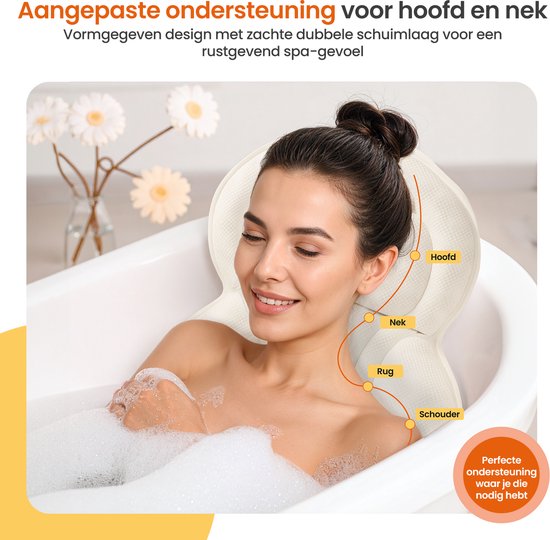 Goliving Badekissen - Ergonomisches Kissen für die Badewanne - Mit 6 Saugnäpfen - Inklusive Waschbeutel - Rutschfest, leicht & wasserdicht -100% Polyester - Weiß