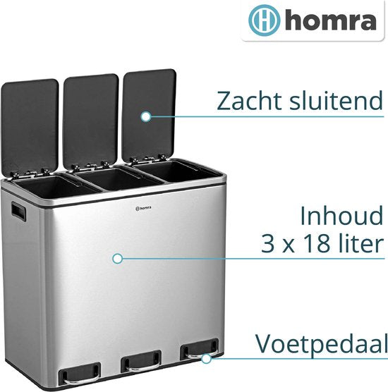Homra SPARQ Mülleimer - 3 x 18 L Fassungsvermögen - 54 Liter - Edelstahl - Mülltrennung Treteimer