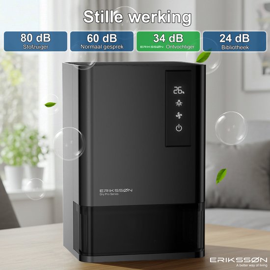 Erikssøn Luftentfeuchter Dry Pro Series - Entfeuchtet bis zu 1,2 Liter pro Tag - Geeignet für Haus, Schlafzimmer und Badezimmer und Wohnzimmer und Keller - Luftentfeuchter - Schwarz