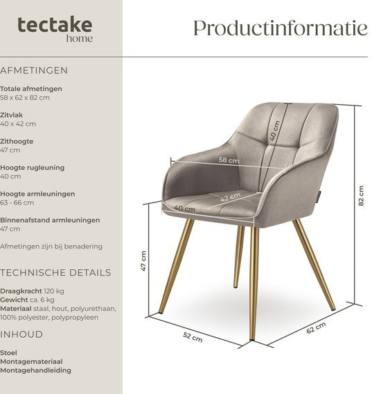 tectake Velvet Chair - Esszimmerstuhl mit gestepptem Samtstoff, moderne Küchenstühle, bequemer Sessel für Wohnzimmer, Esszimmer, Lounge - taupe / gold
