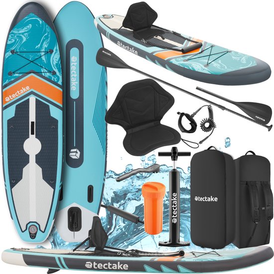 tectake Stand-Up Paddle Board - SUP Board - Aufblasbar - Stabil - 288 x 77 x 22,5 cm - Max 200kg - Orange-Türkis