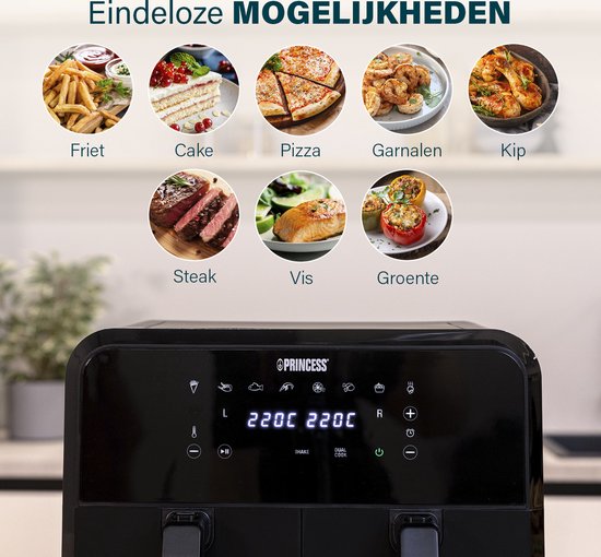 Princess Doppelkörbchen Airfryer 182068 - Doppel-Heißluftfritteuse - 2 Körbe Ã¡ 4 Liter - 8 vorprogrammierte Programme - Touchscreen - Schwarz