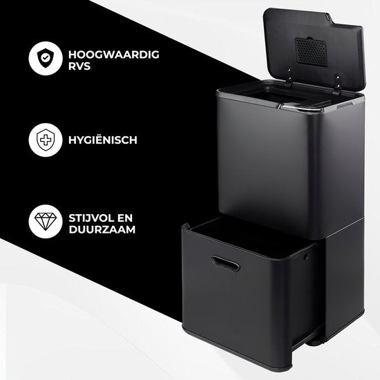Bayt Mülleimer 60 Liter - Mülleimer 60 Liter - Mülltrennung - 2 Fächer - Edelstahl - Schwarz