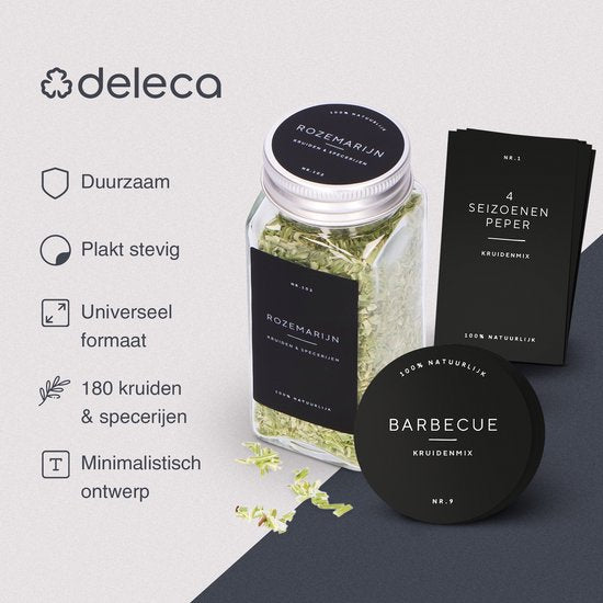 Deleca 180x Kräuteraufkleber für Einmachgläser - runde & rechteckige Etiketten - Etiketten für Suppentöpfe & Gewürzdosen - wasserfest - niederländisch/schwarz