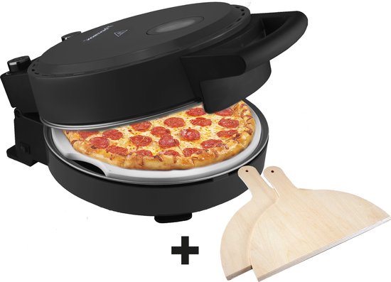 Bestron Turbo Pizzaofen - Für Pizza in 5-10 Minuten - Elektrisch - Mit Höchsttemperatur von 320°C - Inklusive Pizzastein und 2 großen Holzspateln - Matt Schwarz