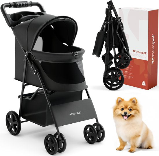TrevoPet® Zusammenklappbarer Hundekinderwagen - für kleine und mittelgroße Hunde bis zu 15 kg - Kinderwagen mit Becherhalter und großem Ablagekorb - Schwarz