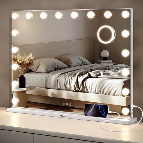 Mirlux Large Hollywood Mirror - 80x60CM - LED-Beleuchtung - USB & USB-C Ladeanschlüsse - Make Up - Weiß