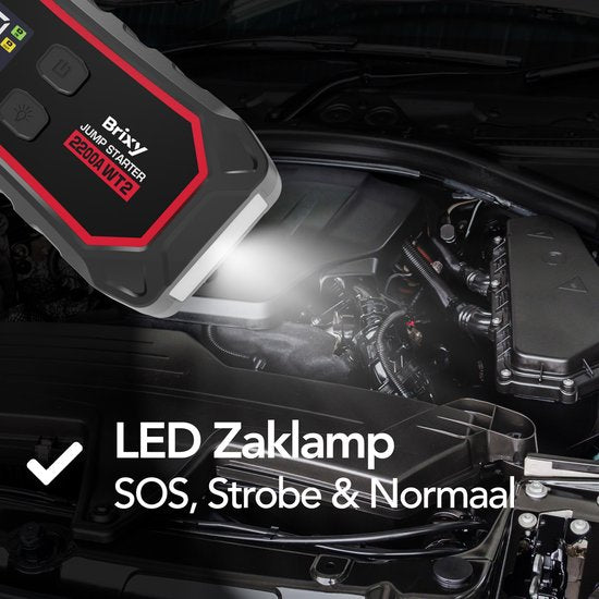 Brixy Jumpstarter für Auto - 2200A / 16.000 mAH - 4-in-1 Starthilfe - LED-Taschenlampe, SOS-Notlicht und Powerbank - Rot/Schwarz