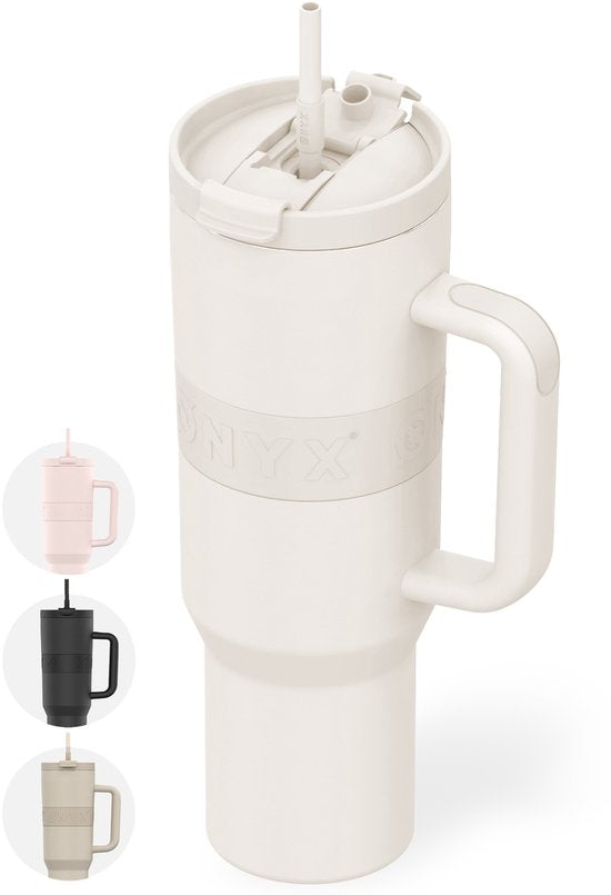 ONYX Trinkflasche mit Strohhalm 1 Liter - Trinkflasche für Kinder & Erwachsene - Thermoskanne Edelstahl-Reisebecher - Motivations-Trinker - Trinkbecher für die Schule - Coco White